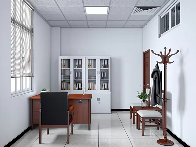 Bright Office Interior With Wooden Desk Black Chair White Glass Door Bookcase And Green Plants 3d model