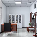 Bright Office Interior With Wooden Desk Black Chair White Glass Door Bookcase And Green Plants
