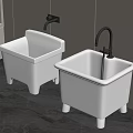 White Mop Sinks With Wall Mounted Faucets In Dark Tiled Utility Room