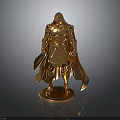Shiny Golden Male Statue in Detailed Armor With Flowing Cloak Standing on Pedestal
