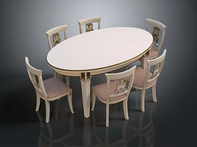Elegant Oval White Dining Table Set with Carved Light Pink Cushioned Chairs 3d model