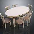 Elegant Oval White Dining Table Set with Carved Light Pink Cushioned Chairs 3d model
