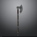 Medieval Battle Axe With Decorative Head Red Wooden Handle And Gold Accents