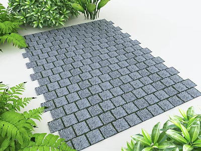 Gray Brick Pavement Surrounded By Lush Green Plants In Garden Area 3d model