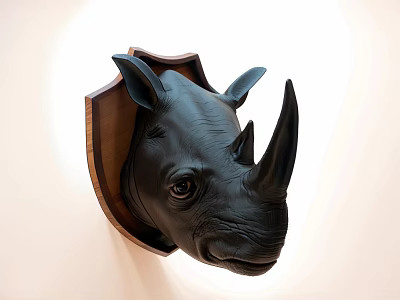 Wall Mounted Rhinoceros Head Sculpture With Wooden Base Decorative Art Piece 3d model