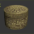Decorative Showcase Shelf Displaying Golden Carved Box With Intricate Floral Patterns