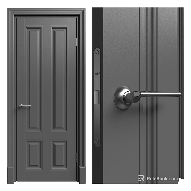 Grey Swing Door Design With Panel Lines Handle And Lock Mechanism 3d model