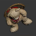 Cute Brown Teddy Bear Sitting on Wicker Chair with Red Scarf and Colorful Patterns