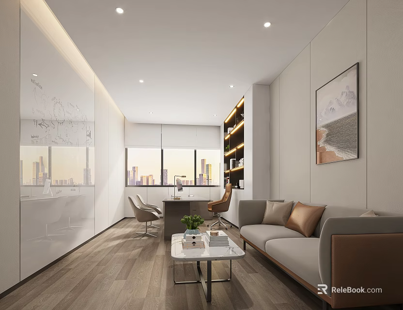 Bright Modern Office Interior With Spacious Layout Sofa Coffee Table Desk Chairs And Wall Art 3d model