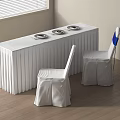 White Tablecloth Dining Table With Three Plates Two White Chairs Blue Accent And Wooden Floor