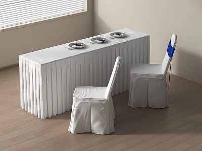White Tablecloth Dining Table With Three Plates Two White Chairs Blue Accent And Wooden Floor 3d model