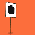 Black Silhouette Sign With White Border On Metal Pole Against Orange Background