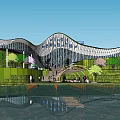Modern Curved Green Roof Architecture With Grassy Hills Trees And Water Reflection