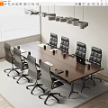 Wooden Conference Table with Ergonomic Chairs Laptop Cups and Papers in Modern Office