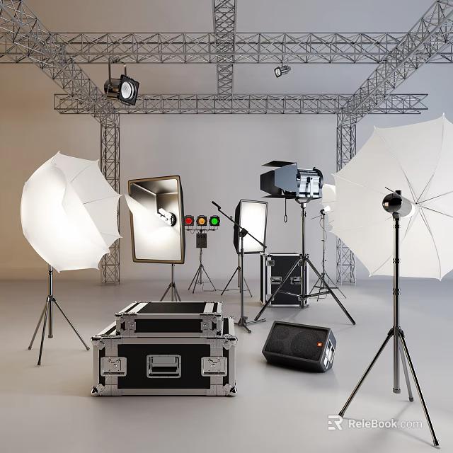 Commercial Equipment Including Photography Umbrellas Light Reflectors Microphones Studio Lights Equipment Cases And Speakers 3d model 