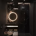 Modern Bathroom Interior With Black Marble Walls Round Backlit Mirror Glass Partition And Shower Area