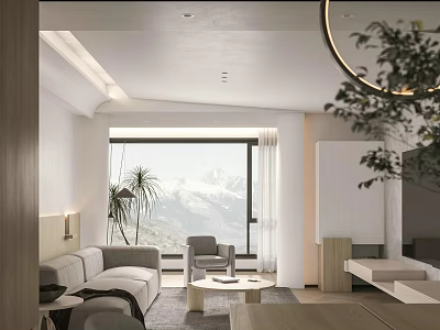 Modern Living Room Interior Design With Large Window Mountain View Sofa Chair Coffee Table And Plants 3d model