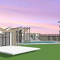 Modern Hotel Building Architectural Design With Swimming Pool And Green Lawn