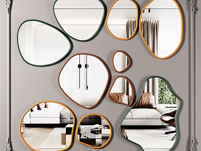 Various Shaped Decorative Mirrors as Wall Decor in Modern Home with Reflections 3d model