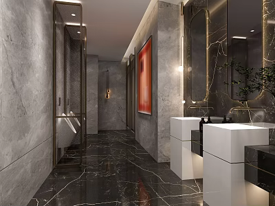 Modern Hotel Bathroom Interior With Marble Walls Double Sinks Mirrors Lighting And Artwork 3d model