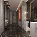 Modern Hotel Bathroom Interior With Marble Walls Double Sinks Mirrors Lighting And Artwork