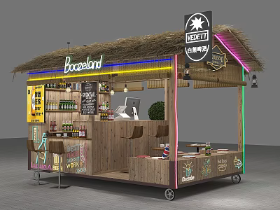 Mobile Vending Cart With Thatched Roof Wooden Structure Neon Lights And Displayed Beverages 3d model