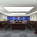 Spacious Conference Room With Long Table Black Chairs Blue Backdrop And Ceiling Lights 3d model