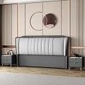 Double bed gray and white headboard vertical stitching light wall two circular accents bedside tables 3d model