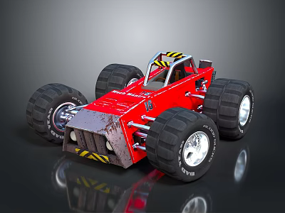 Red Monster Truck with Large Off Road Tires Yellow Black Stripes Front Bumper 3d model