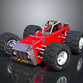 Red Monster Truck with Large Off Road Tires Yellow Black Stripes Front Bumper