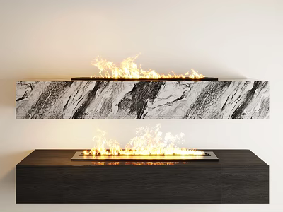Modern Fireplace Design With Double Flames Marble Panel And Dark Cabinet 3d model
