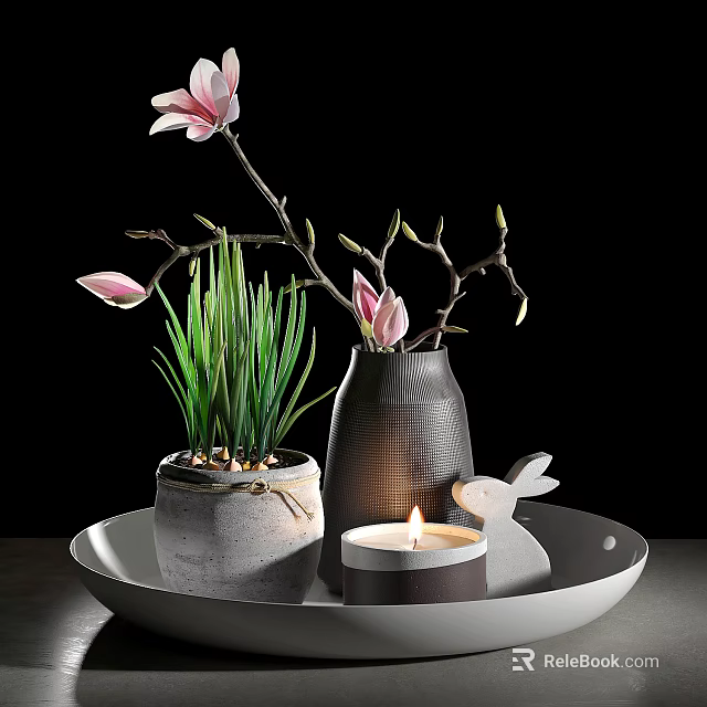 Elegant Decorative Ornament Set With Tray Gray Vase Pink Flowers Green Plants Rabbit Candle 3d model 