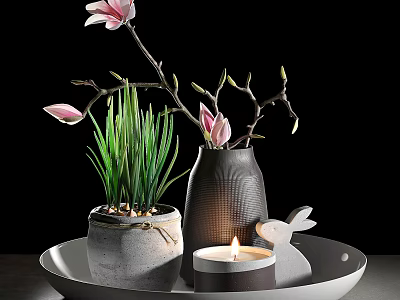 Elegant Decorative Ornament Set With Tray Gray Vase Pink Flowers Green Plants Rabbit Candle 3d model