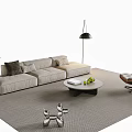 Modern Living Room Beige L shaped Sofa and Round Coffee Table Set with Leather Chair Floor Lamp and Throw Pillows