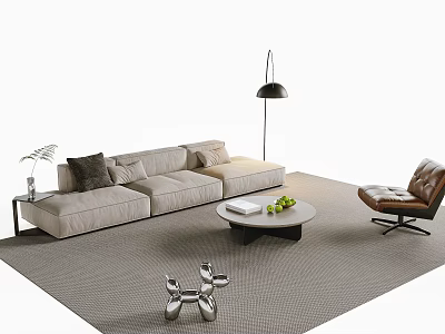 Modern Living Room Beige L shaped Sofa and Round Coffee Table Set with Leather Chair Floor Lamp and Throw Pillows 3d model