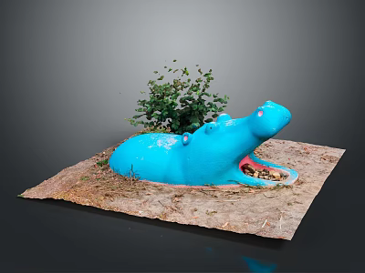 Blue Hippo Sculpture With Small Plant On Sandy Ground Decorative Artwork 3d model
