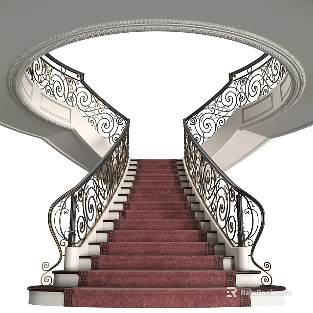 Elegant Spiral Staircase With Red Carpet And Wrought Iron Scroll Railings 3d model 