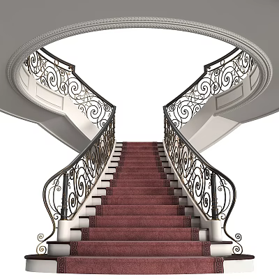 Elegant Spiral Staircase With Red Carpet And Wrought Iron Scroll Railings 3d model