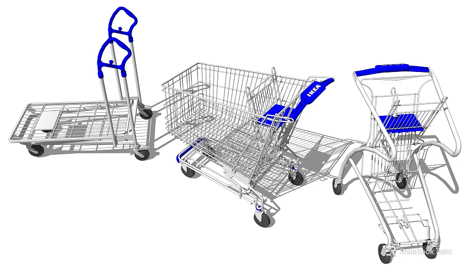 Public Shopping Carts With Metal Frames And Blue Handles For Retail Use 3d model 