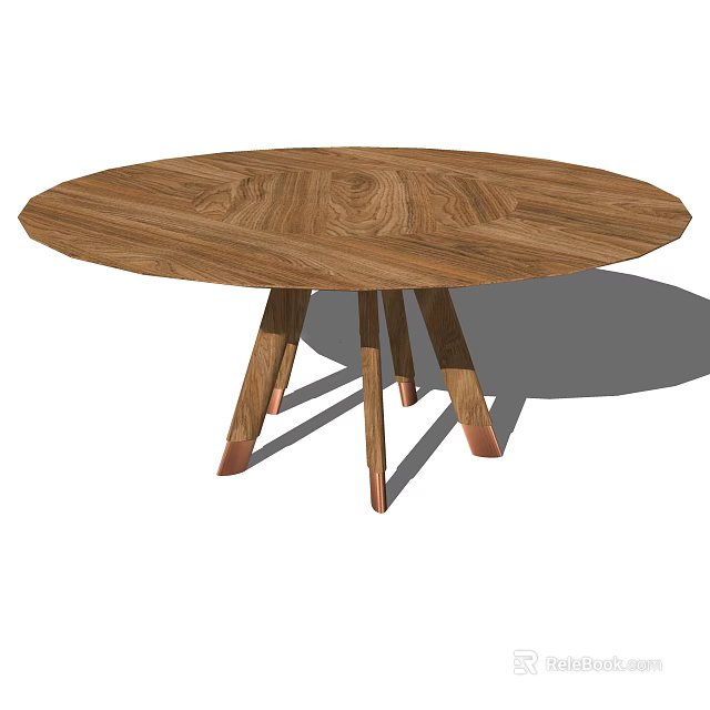 Stylish Round Wooden Dining Table With Wood Grain Surface And Three Copper Legs 3d model 