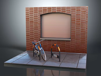 Vintage Bicycle Secured At Brick Wall With Window And Bicycle Rack 3d model
