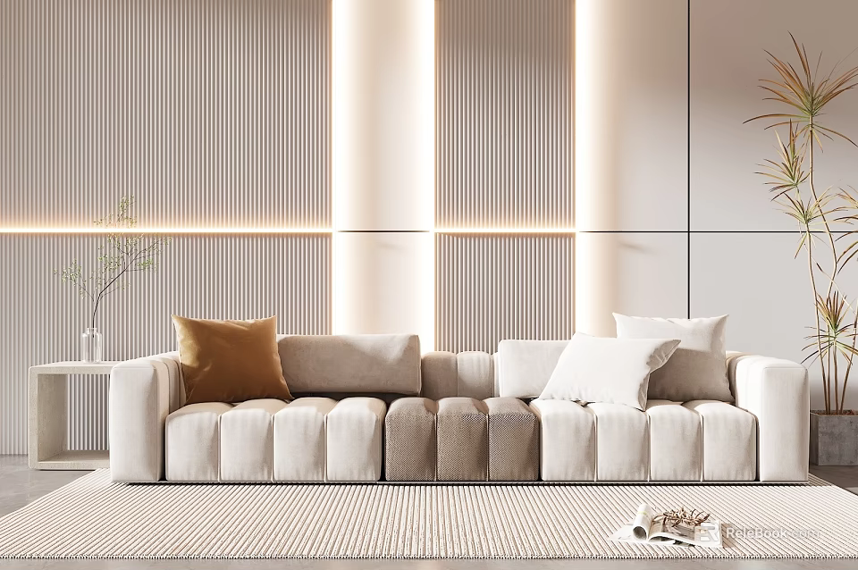 Modern Beige Velvet Sectional Sofa With Plush Cushions And Ambient Wall Lighting 3d model 