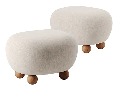 Set Of Two Beige Upholstered Sofa Stools With Round Seats And Wooden Legs 3d model