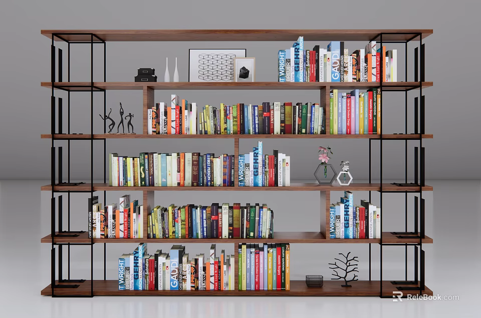 Wooden Bookshelf With Metal Frame Multiple Shelves Filled With Books And Decorative Items 3d model 