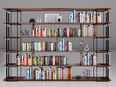 Wooden Bookshelf With Metal Frame Multiple Shelves Filled With Books And Decorative Items 3d model