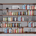 Wooden Bookshelf With Metal Frame Multiple Shelves Filled With Books And Decorative Items