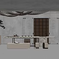 Minimalist Tea Room Interior With Concrete Walls Long Marble Table Hanging Light And Potted Plant