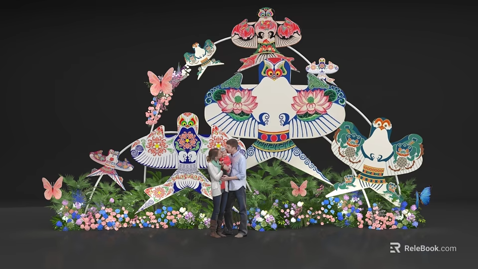 Couple Photo Spot With Kite Shaped Decoration Traditional Lotus Butterflies Birds And Flower Bushes 3d model 