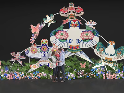Couple Photo Spot With Kite Shaped Decoration Traditional Lotus Butterflies Birds And Flower Bushes 3d model