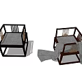 Two Simple Wooden Leisure Chairs With Classic Frame And Gray Blanket Draped